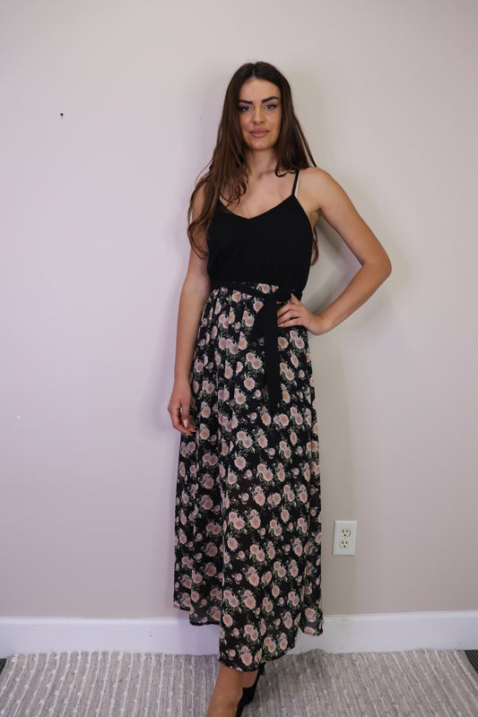 PD16646 BLACK Maxi Dress with Printed Skirt & Pockets