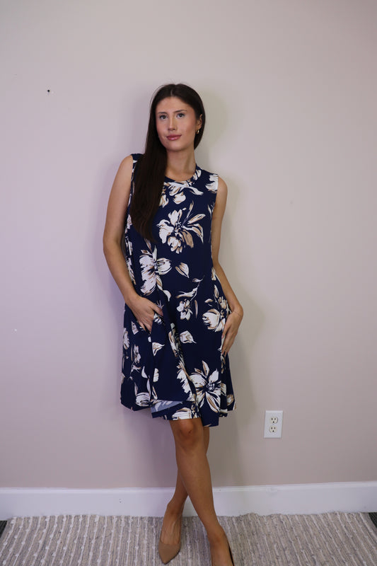 PD16656 NAVY Floral Stretch A-Line Dress with Pockets