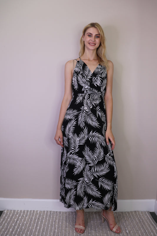 PD16691 BLACK Crinkle Tropical Print Maxi with Double Straps