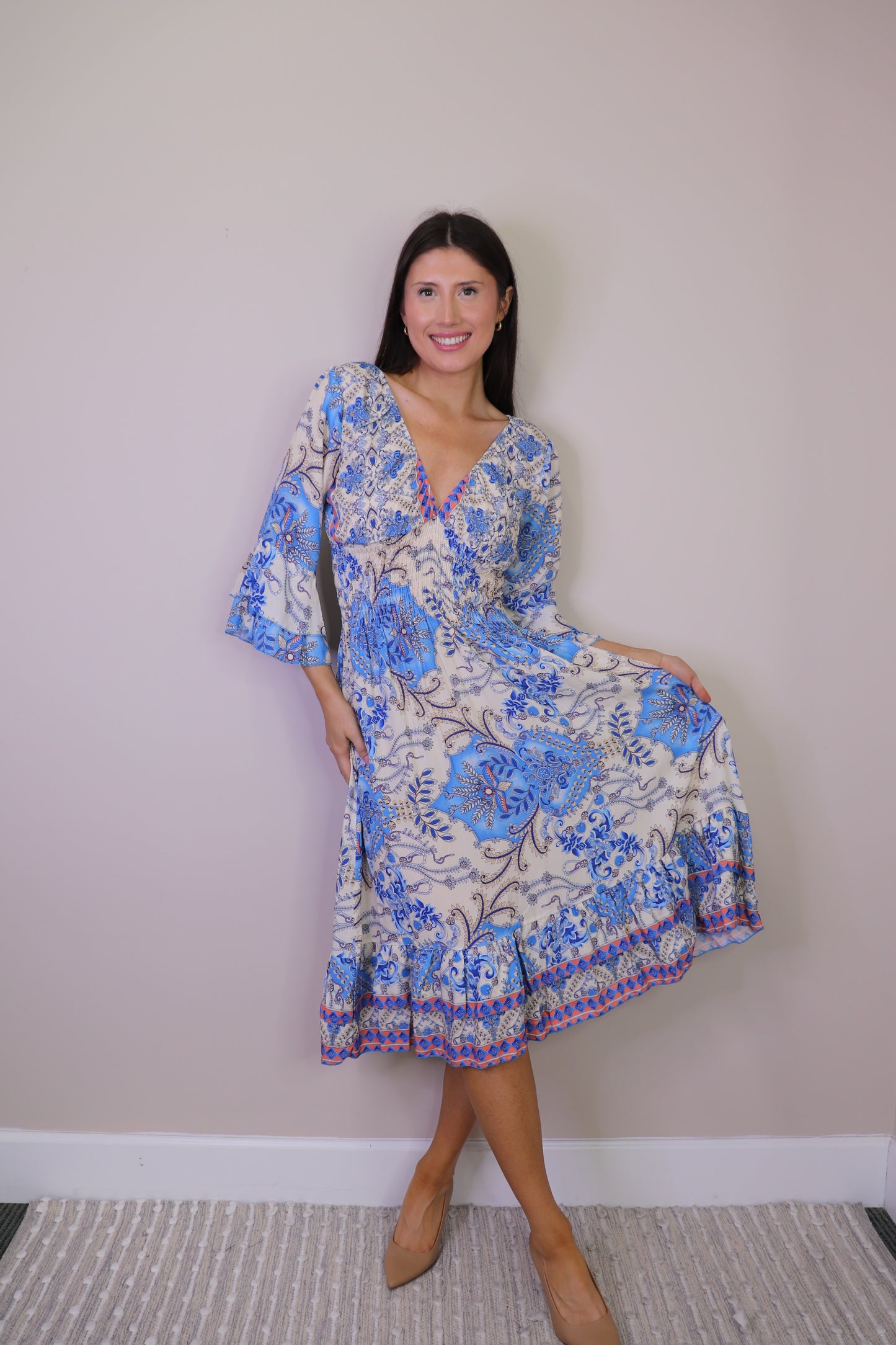 PD16692 BLUE Printed V Neck Midi Dress w Smocking & Ruffle Trim