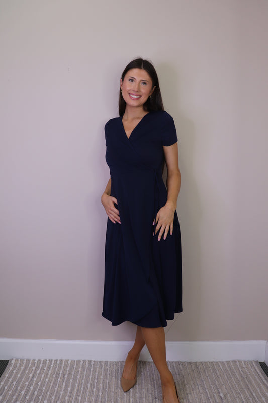 PD16695 NAVY Crepe Stretch Wrap Look Dress