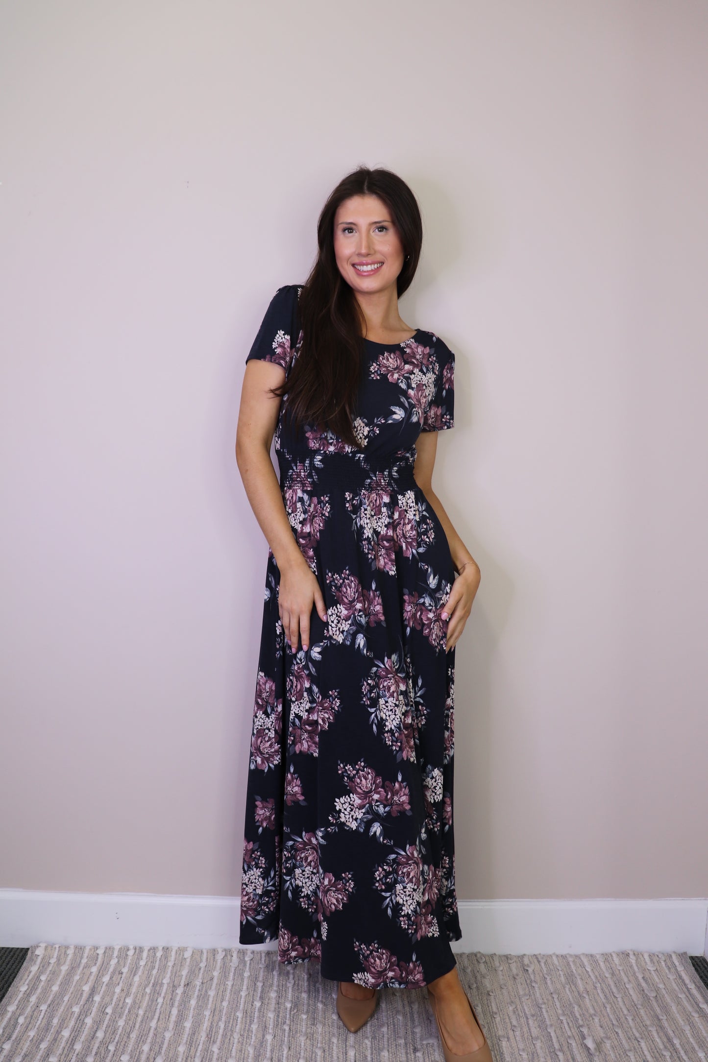 PD16697 CHARC Floral Short Sleeve Maxi Dress with Smocked Waist