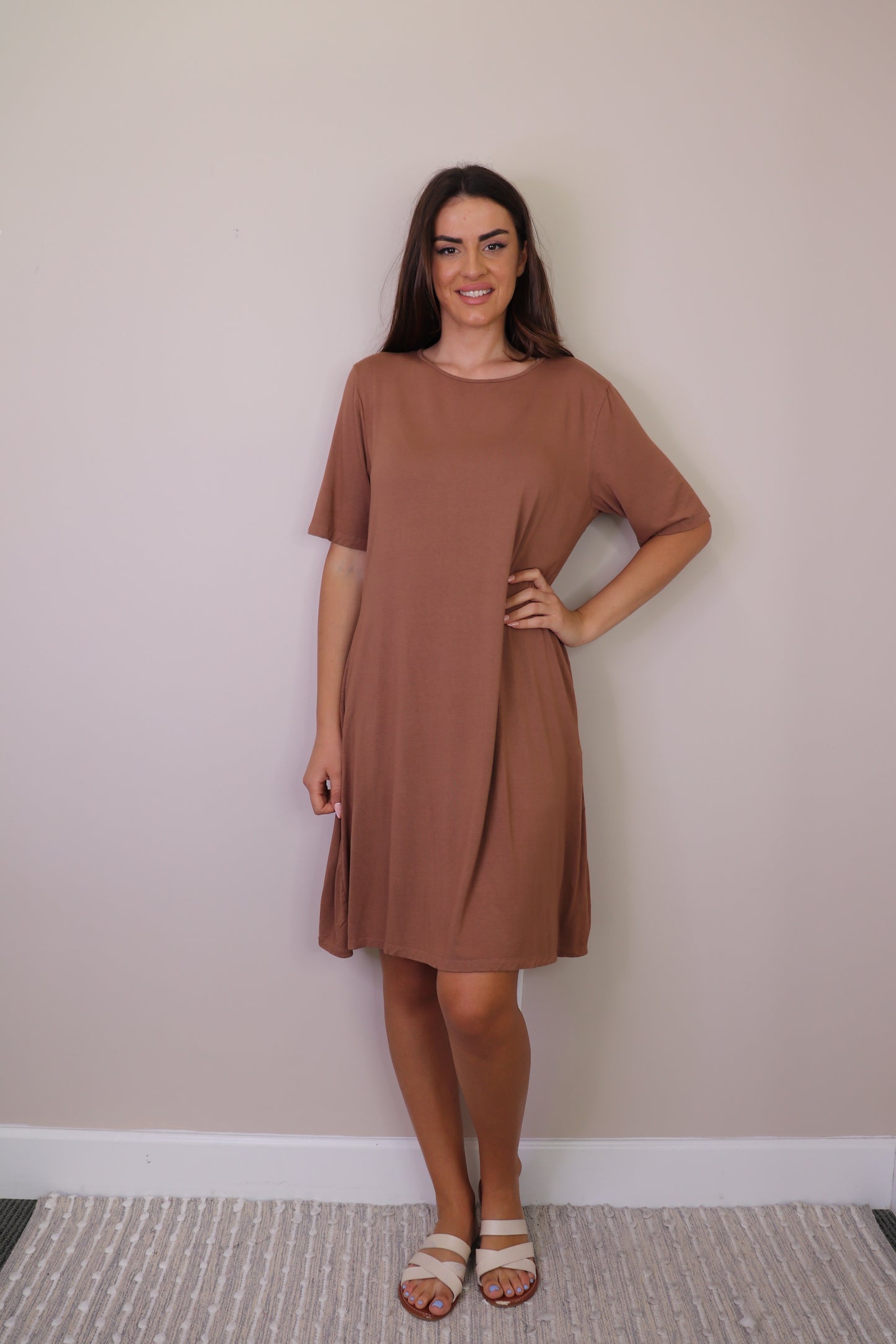 PD16706 MOCHA Bamboo Knit Tshirt Dress with Pockets