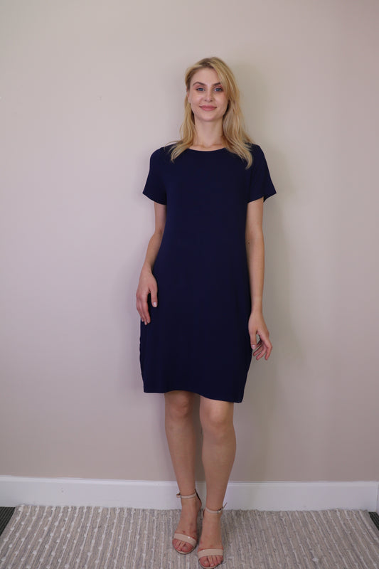 PD16706 NAVY Bamboo Knit Tshirt Dress with Pockets