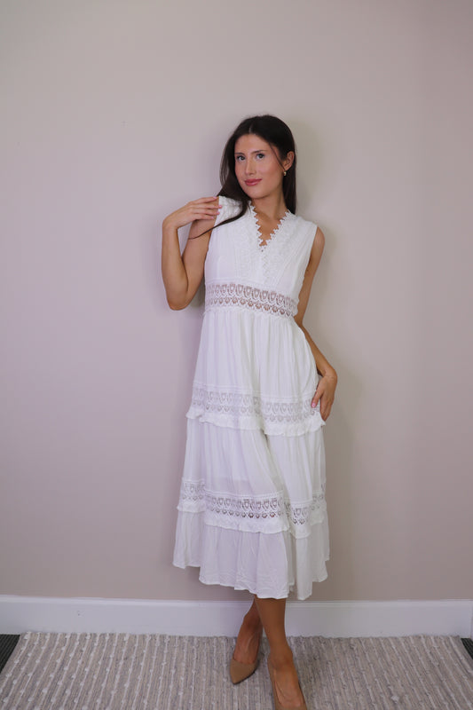 PD16712 WHITE V Neck Maxi Dress with Lace Inset