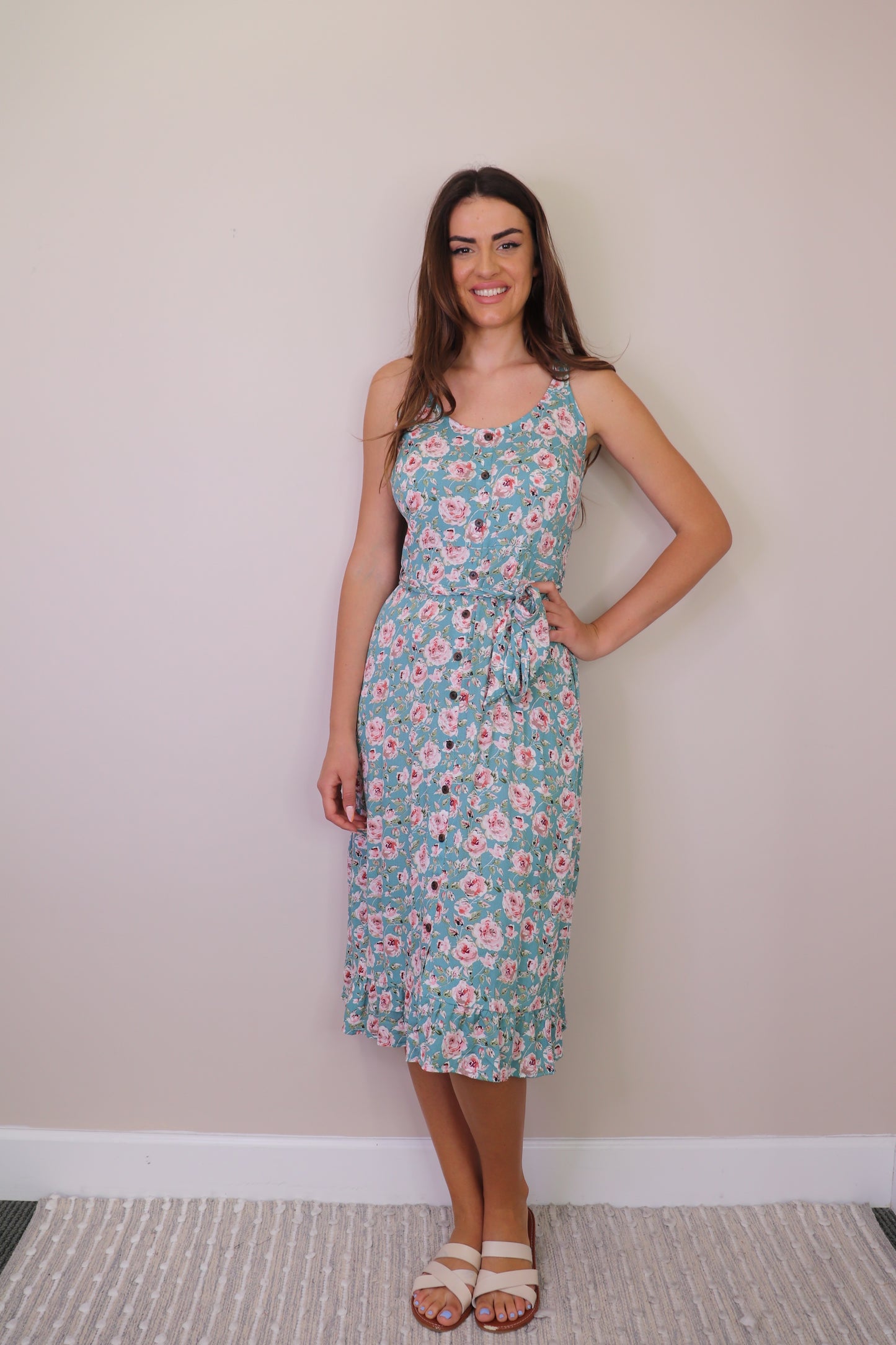 PD16713 BLUE Floral Crinkled Dress with Pockets & Tie Belt