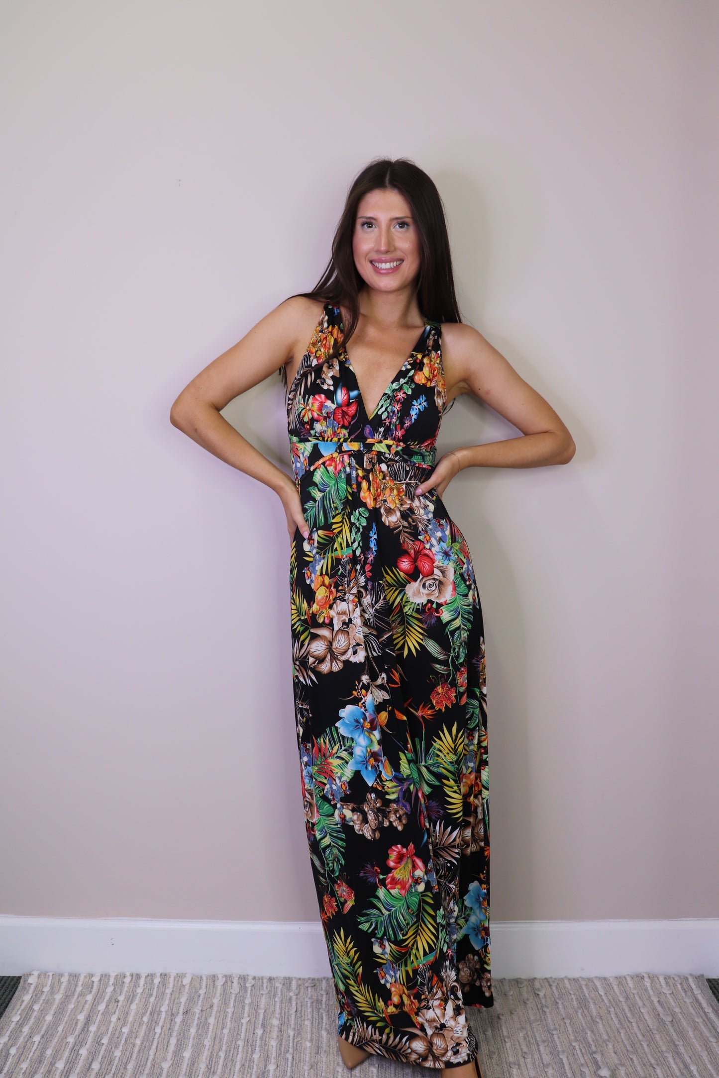 PD16717 MULTI Tropical Printed Stretch Grecian Style Dress