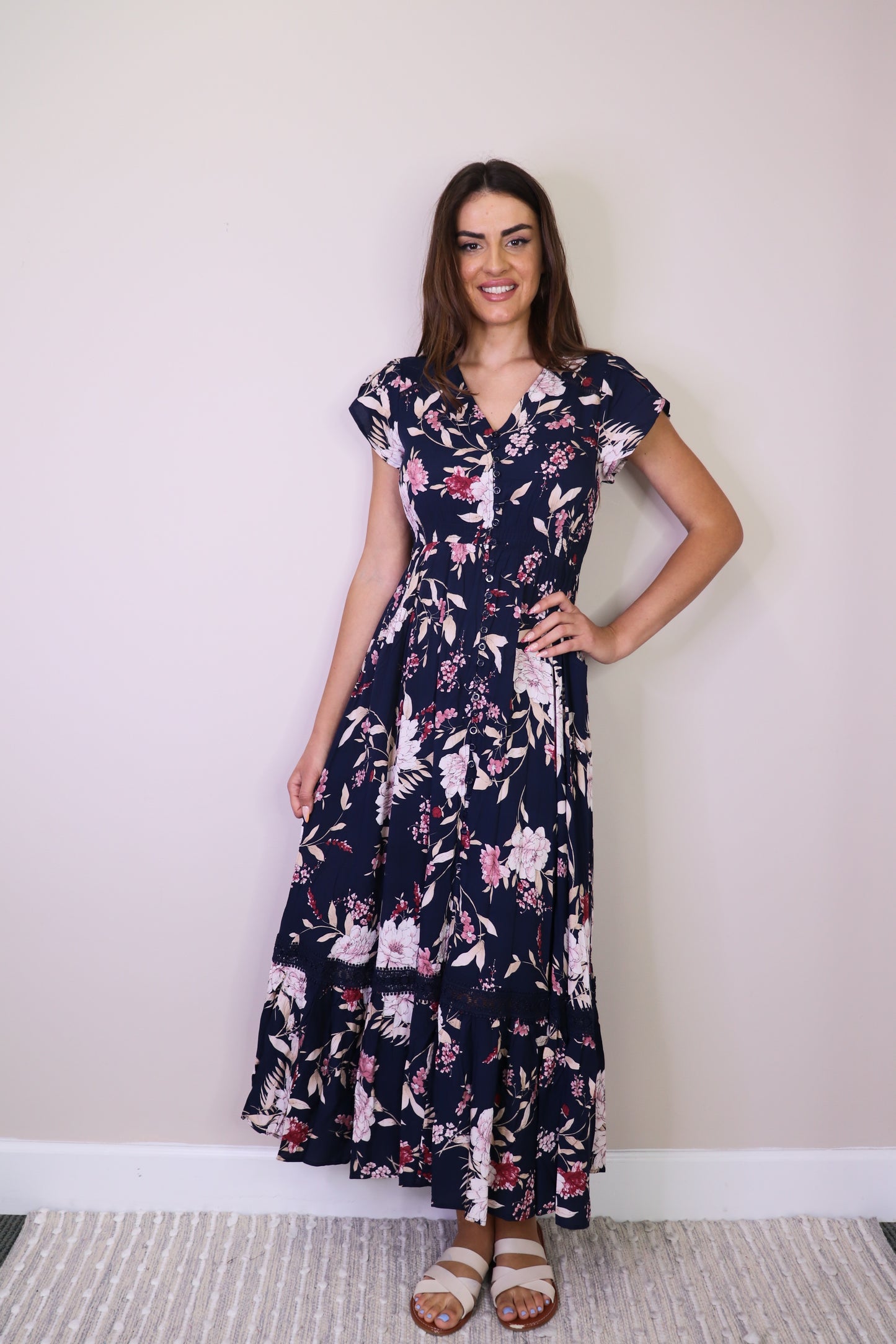 PD16719 NAVY Floral Short Sleeve Maxi Dress with Lace Inset