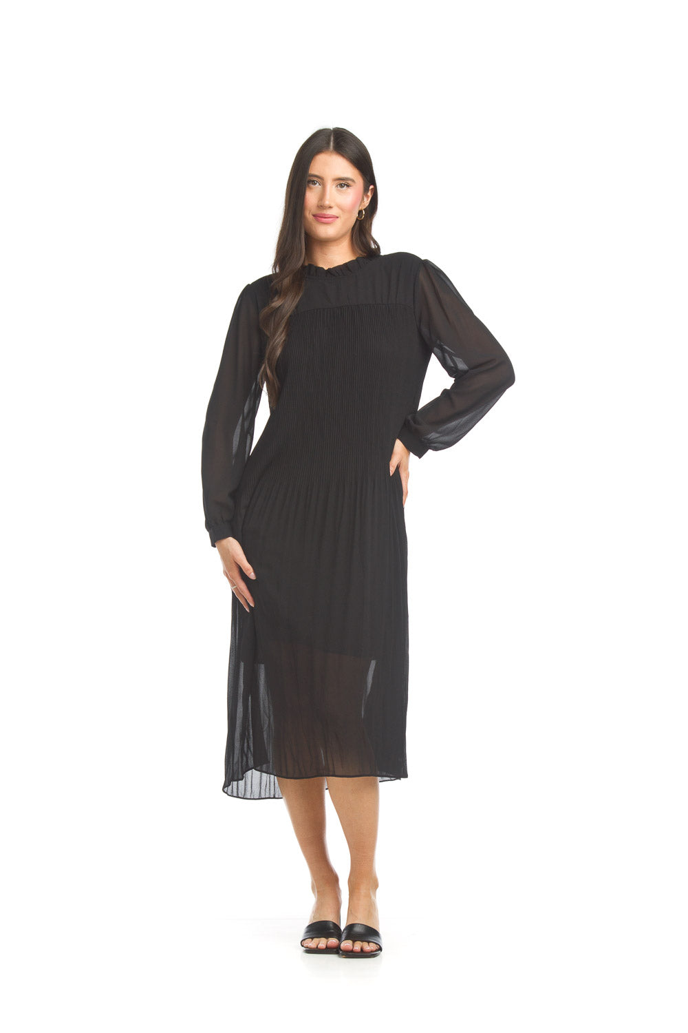 PD17503 BLACK Pleated Georgette Dress with Ruffle Mock Neck