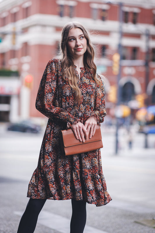 PD17525 RUST Floral Elastic Waist Dress with Smocked Detail