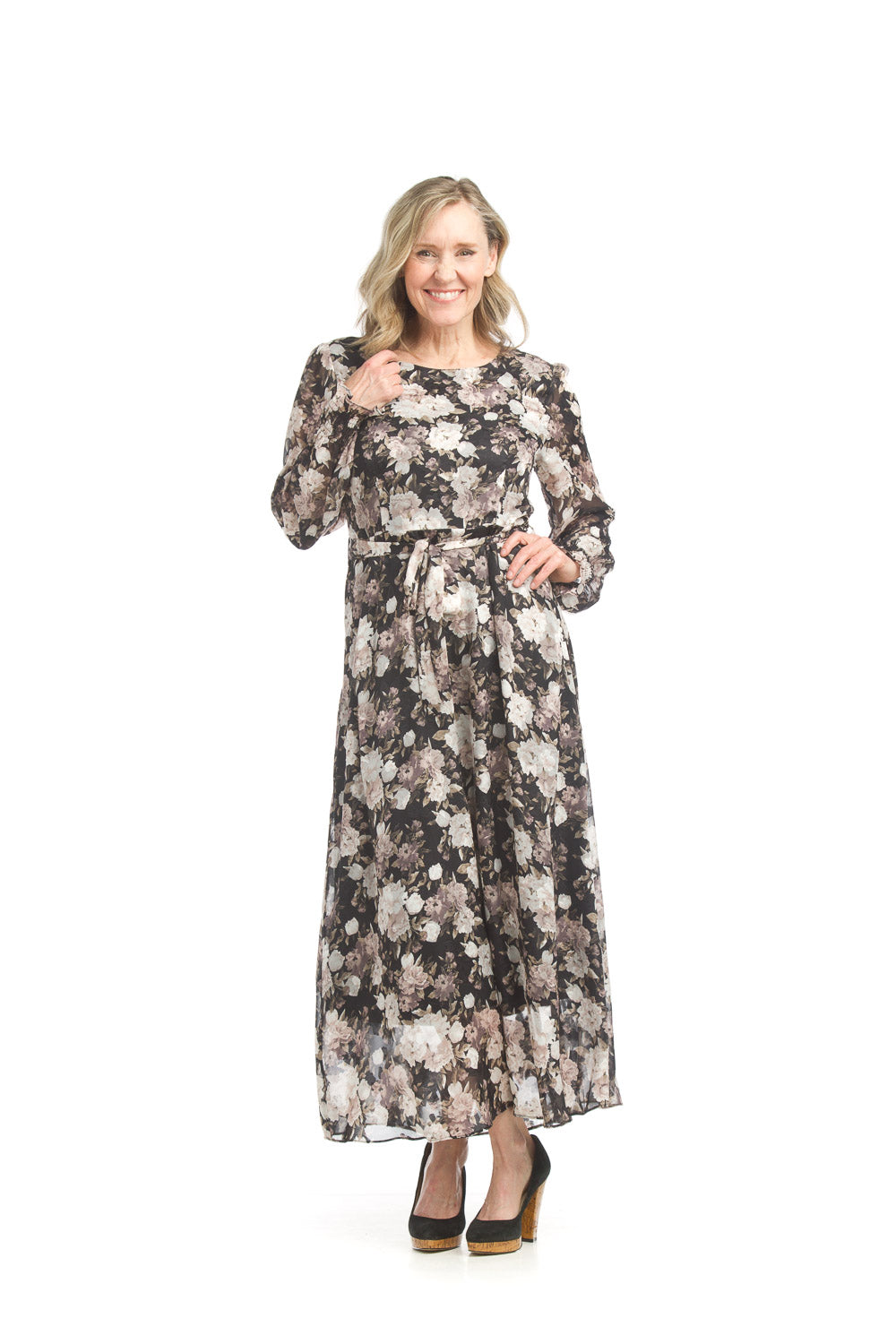 PD17529 BLACK Floral Maxi Dress with Tie Belt & Back Zip