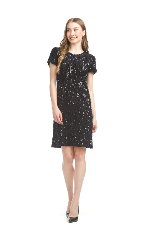 PD17532 BLACK Vcelvet & Sequin Short Sleeve Dress