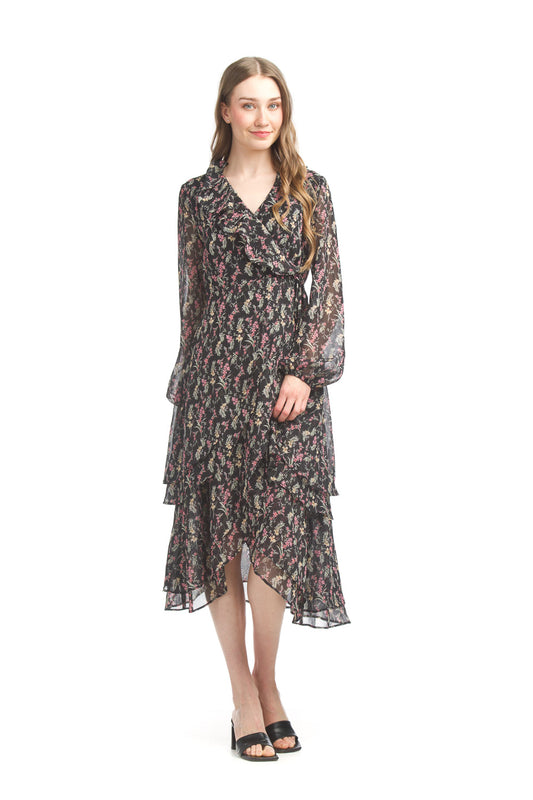 PD17539 BLACK Floral Long Sleeve Wrap Dress