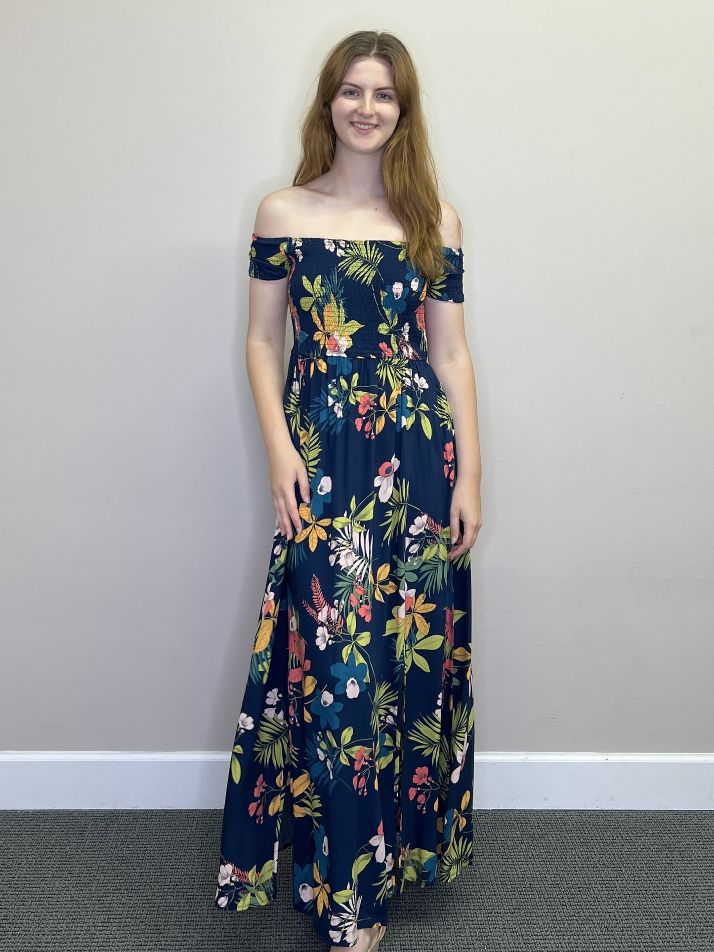 PD18501 NAVY Floral Print OTS Maxi Dress