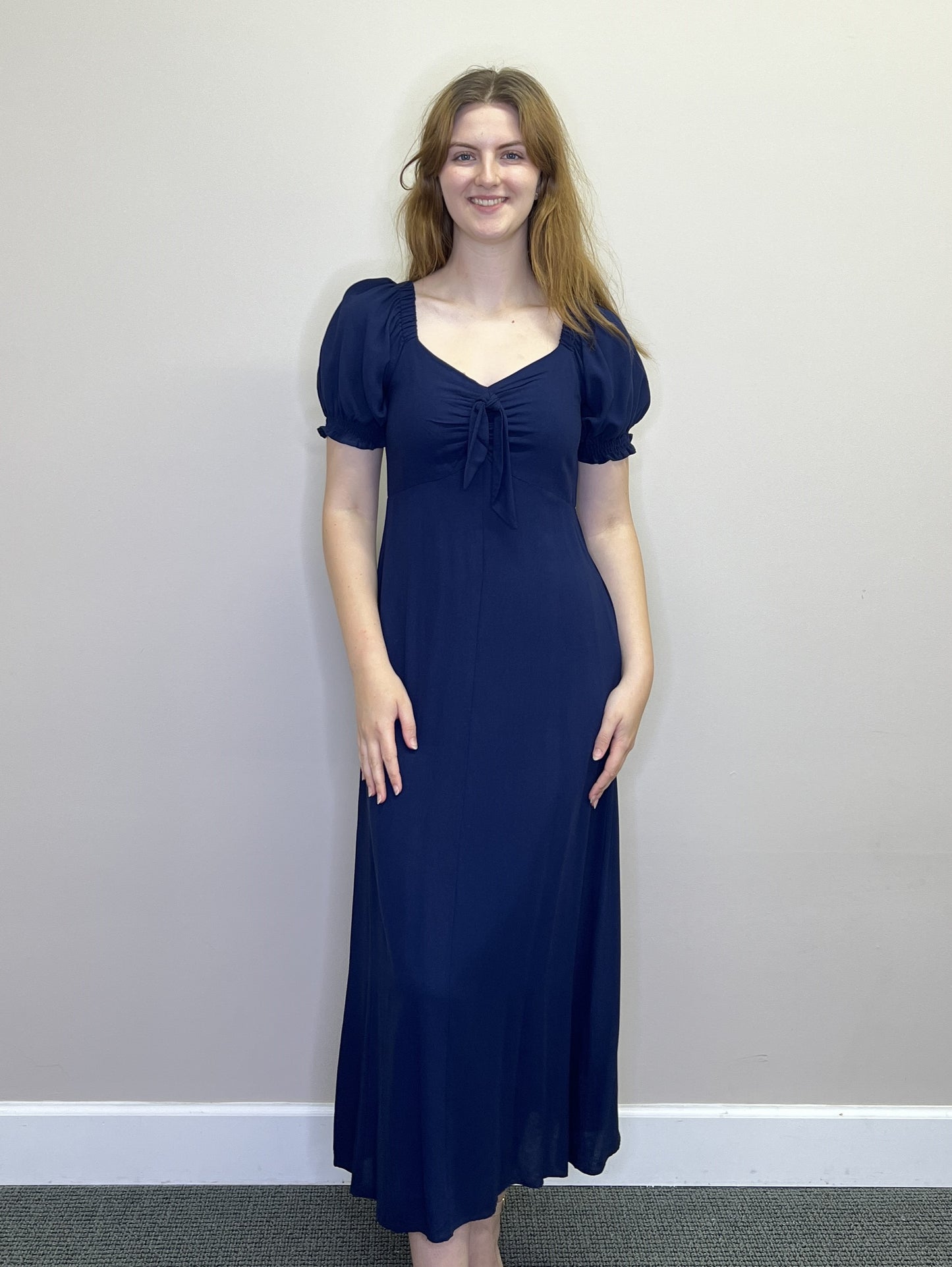 PD18504 NAVY OTS V neck midi dress with pockets & smocked waist