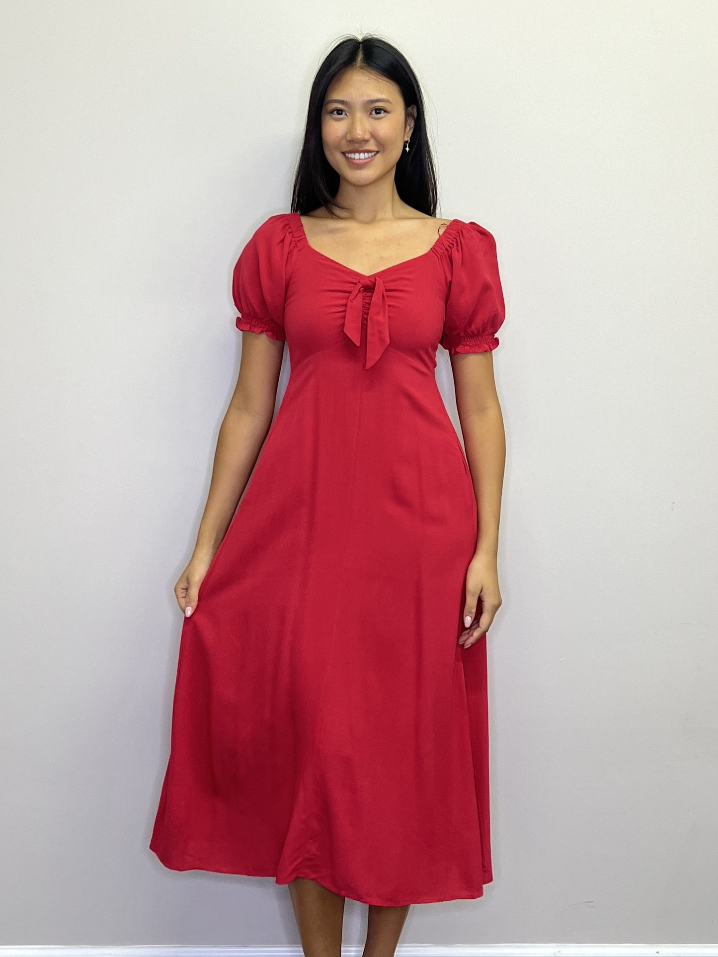 PD18504 RED OTS V neck midi dress with pockets & smocked waist