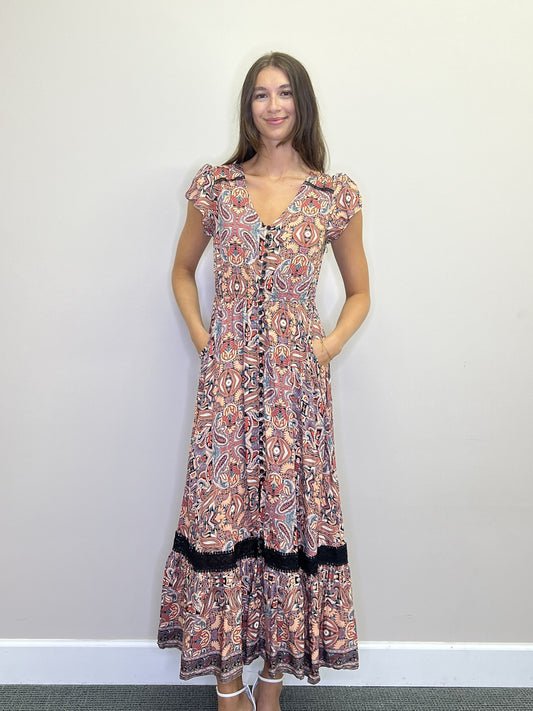 PD18510 BROWN Floral s/s maxi dress with lace inset & pockets