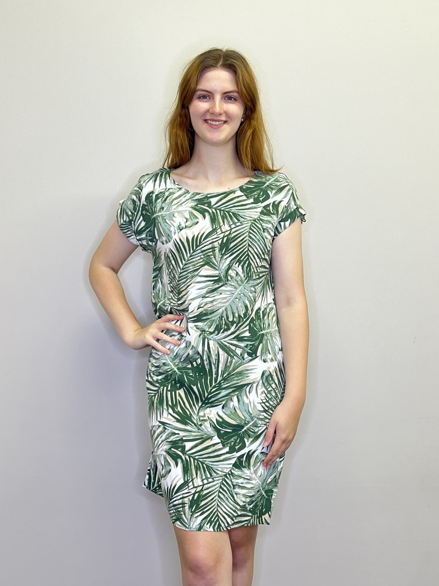 PD18512 GREEN Fern Printed T Shirt Dress with Pockets