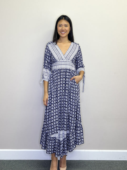 PD18518 BLUE Global Print Empire Waist Maxi Dress w Tie Sleeves