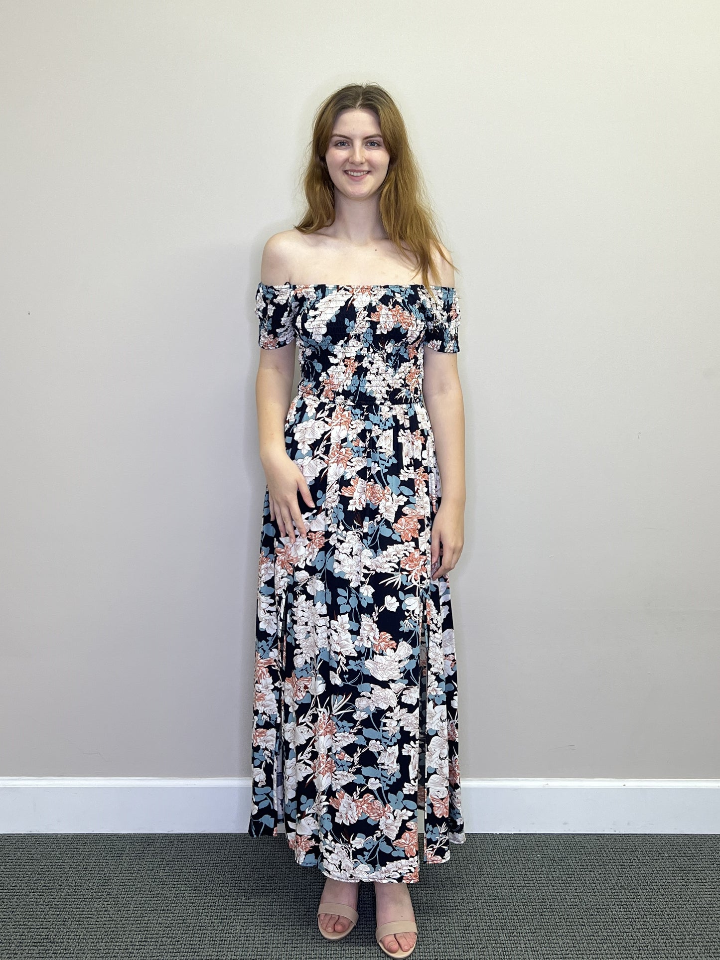 PD18522 BLUE Floral S/S Smocked OTS Maxi w Front Slit & Pockets