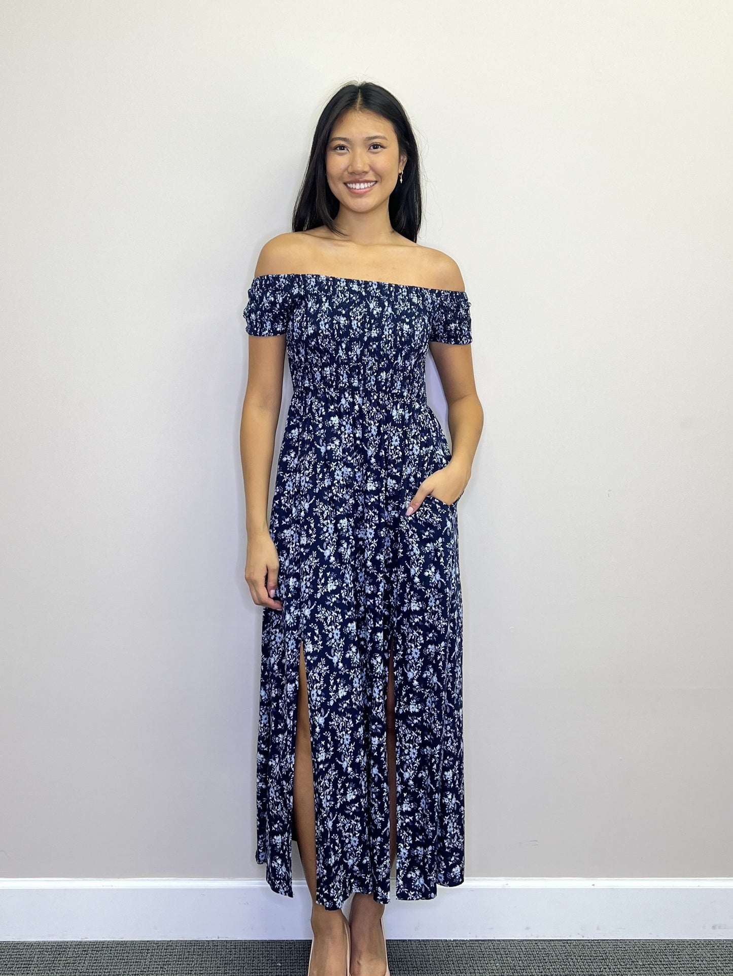 PD18523 NAVY Floral S/S Smocked OTS Maxi w Front Slit & Pockets