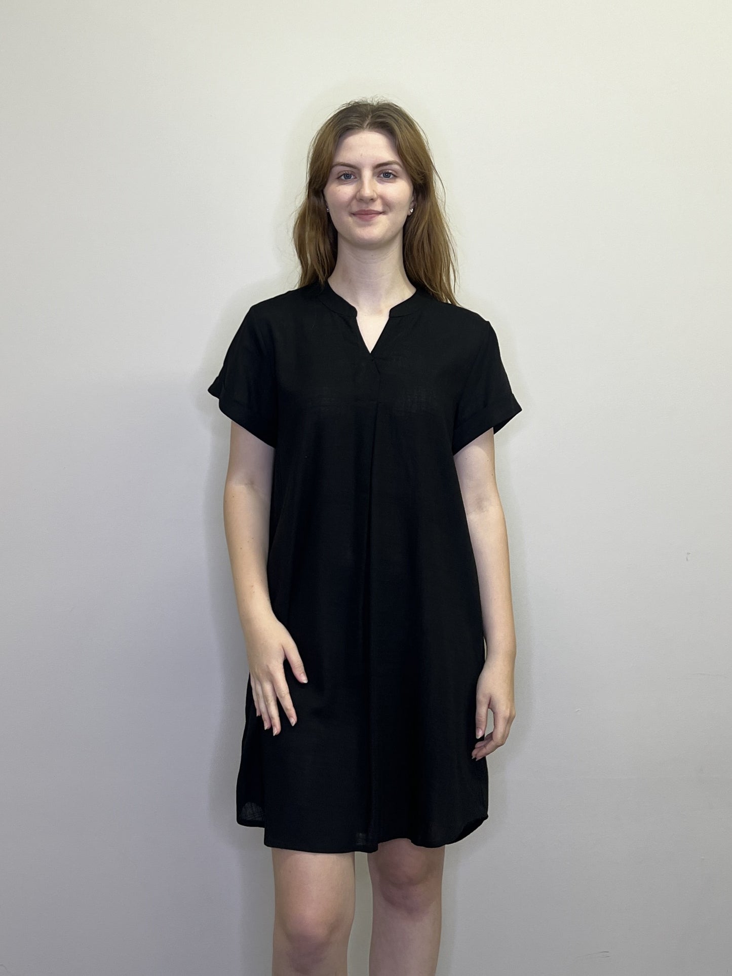 PD18525 BLACK Short Sleeve Linen Blend Dress with Pockets