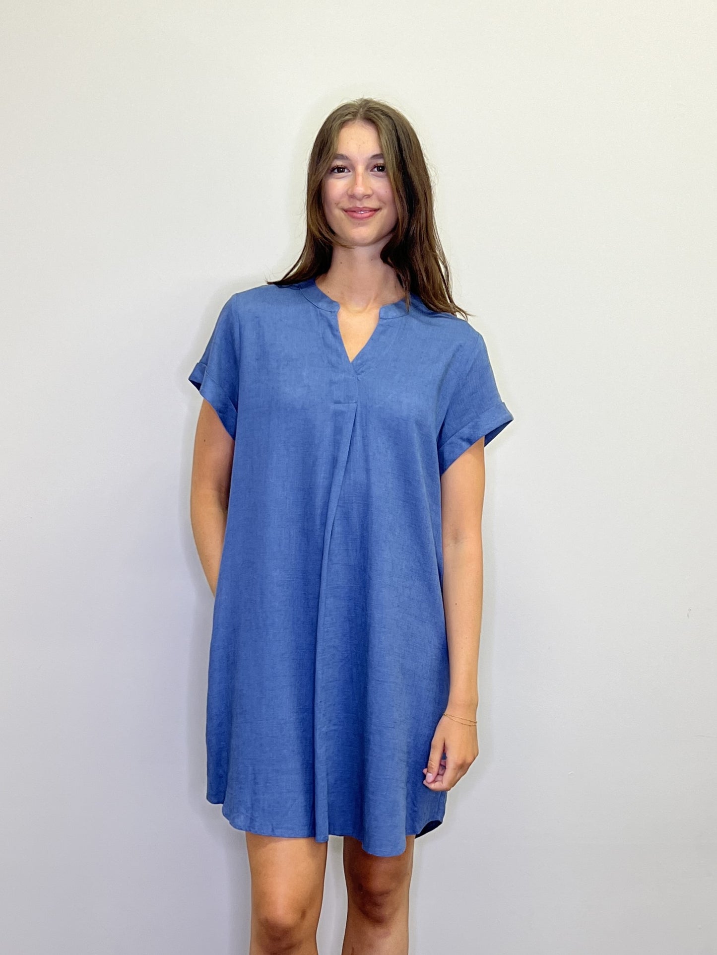 PD18525 DENIM Short Sleeve Linen Blend Dress with Pockets