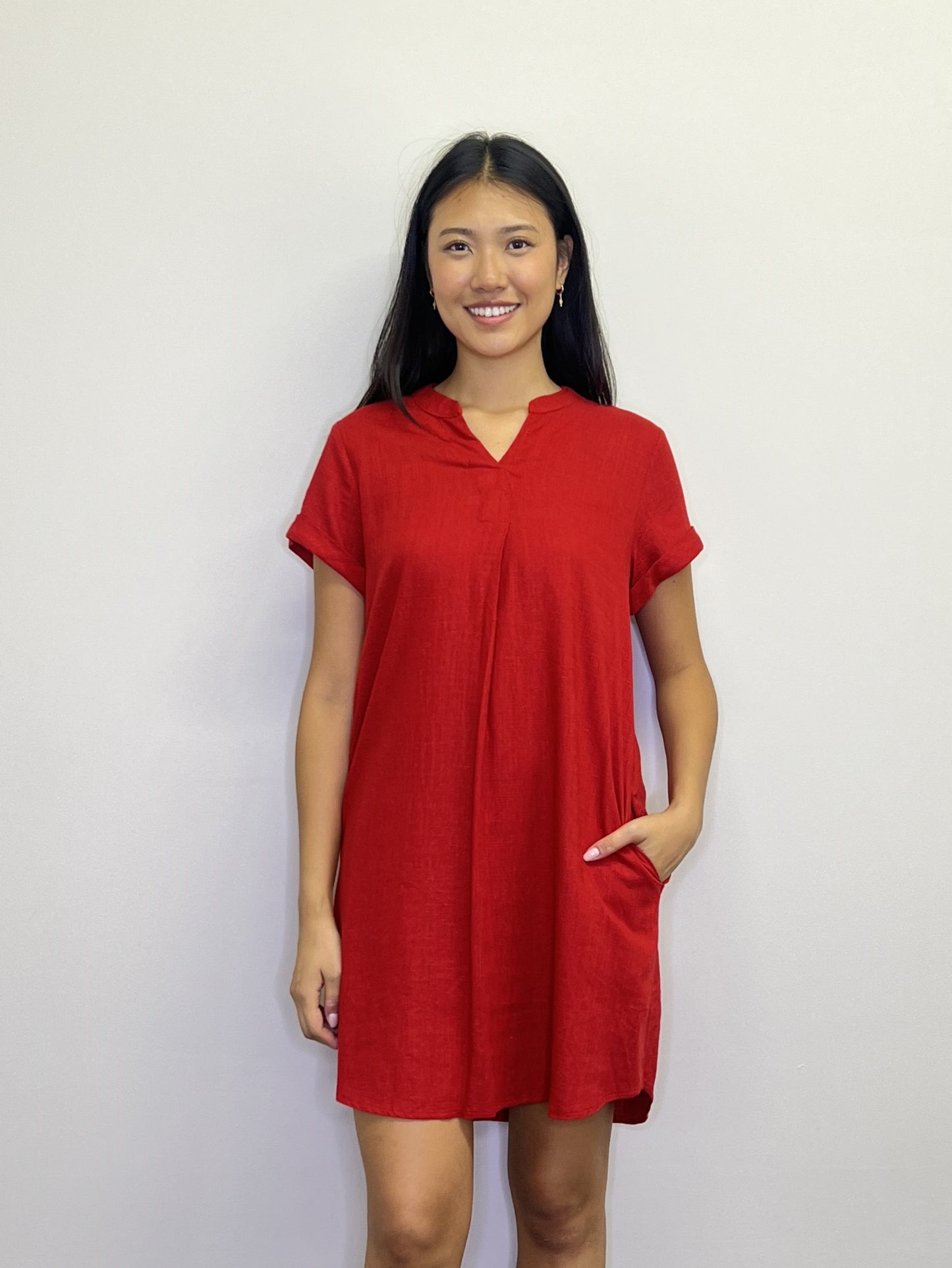 PD18525 RED Short Sleeve Linen Blend Dress with Pockets