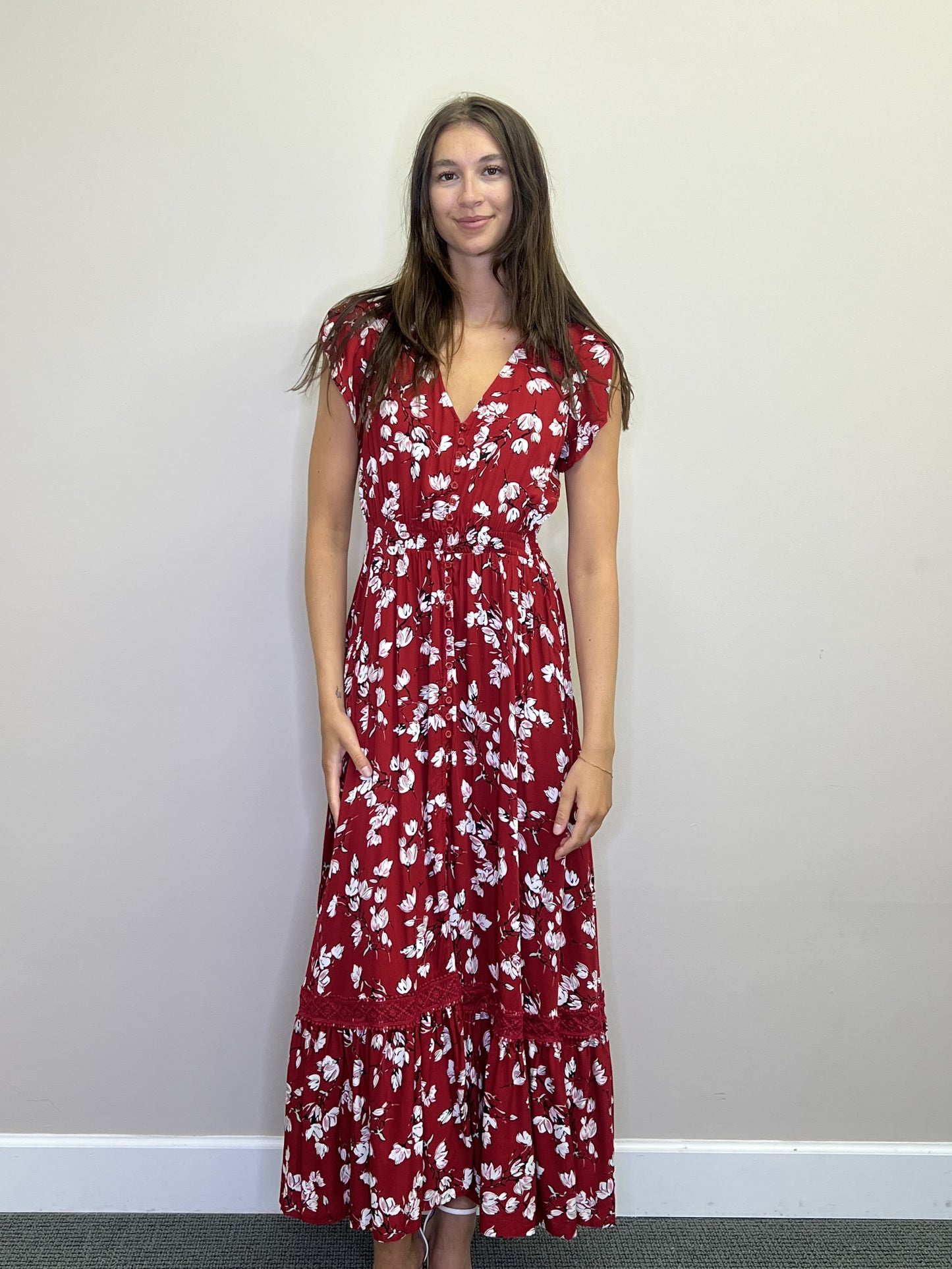 PD18531 RED Floral s/s Maxi w Lace Inset & Pockets