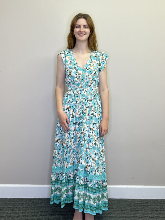 PD18532 BLUE Floral Border Print S/S Maxi w Lace Inset & Pocket