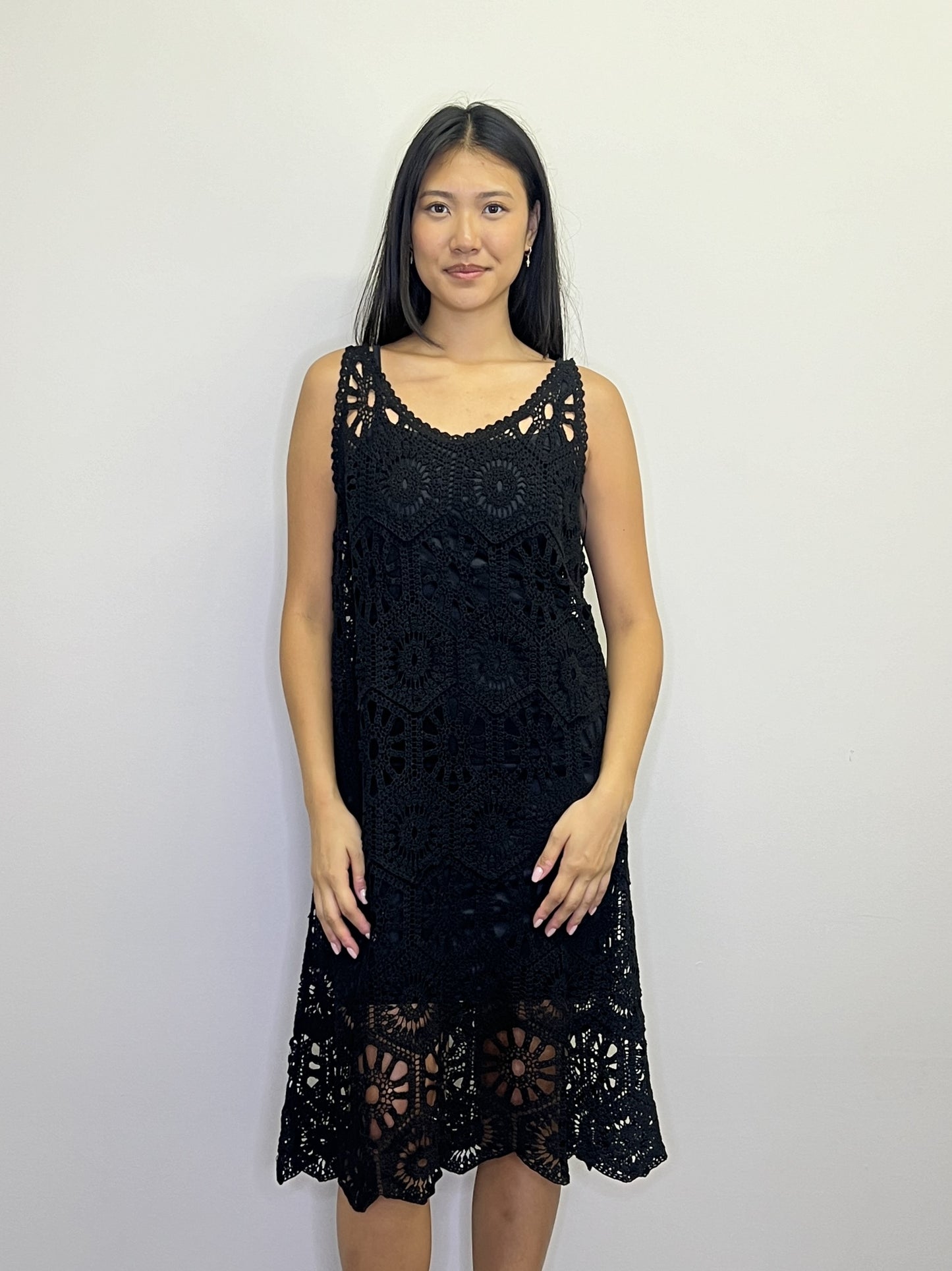 PD18542 BLACK Crochet maxi dress without lining