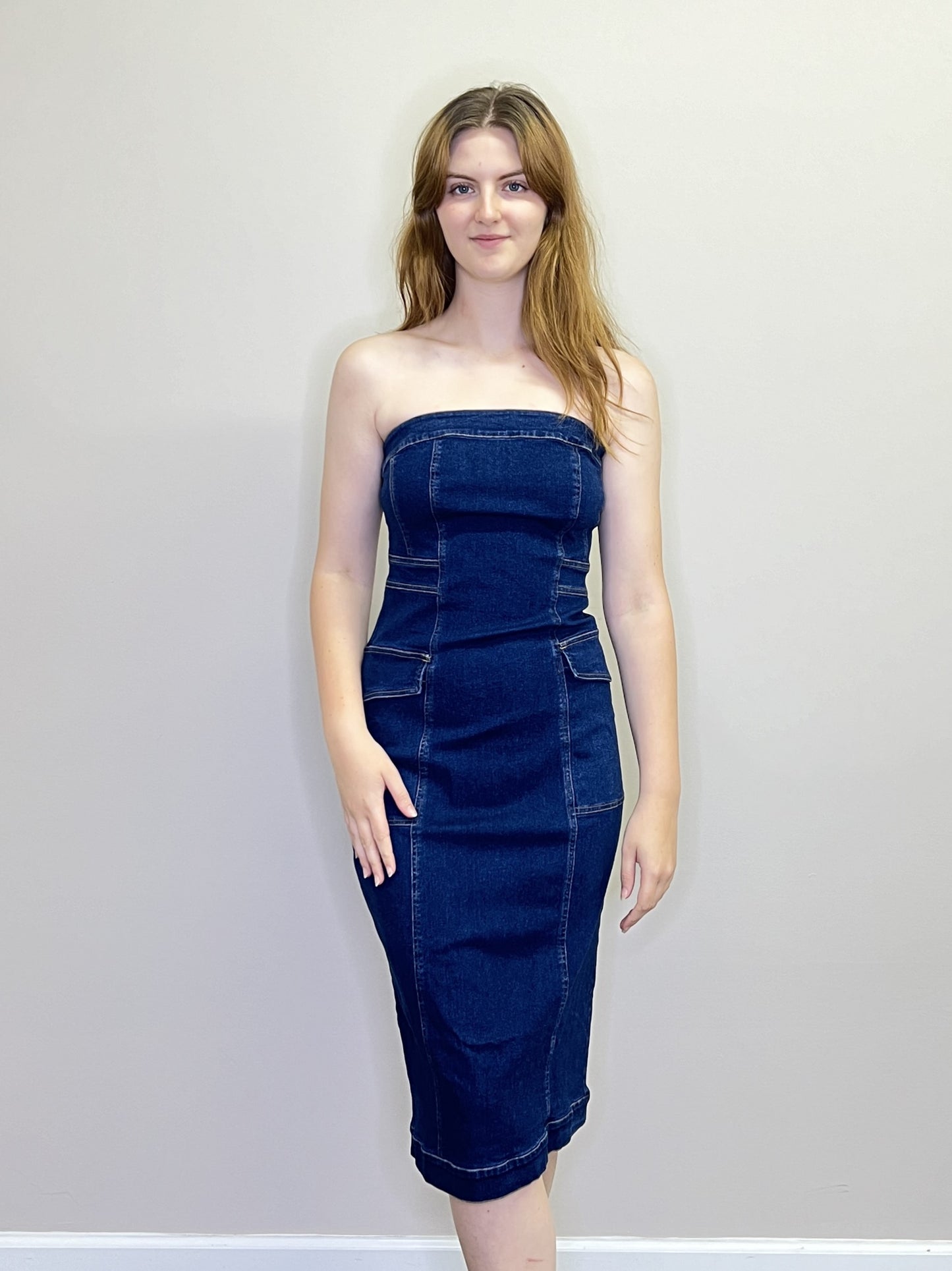 PD18546 DDENM Strapless Denim 2 pocket dress