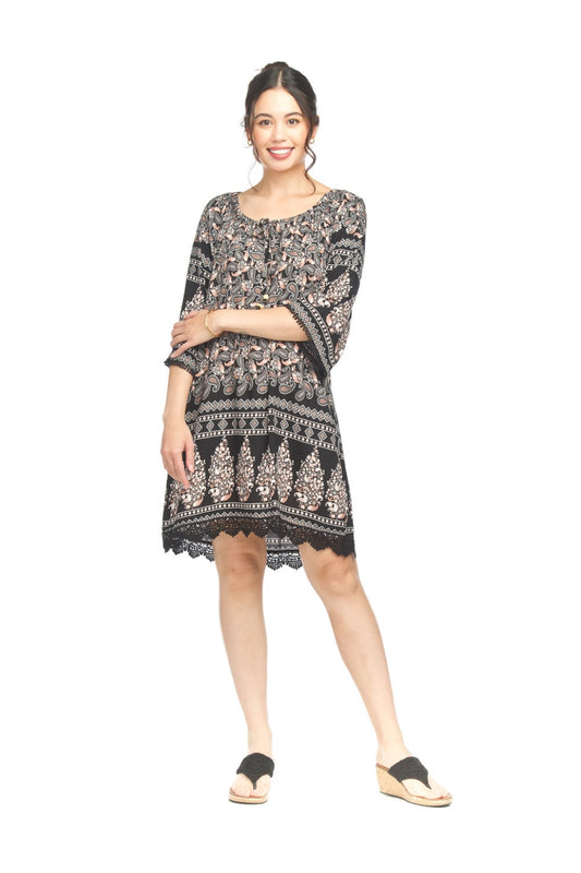 PD18550 BLACK Paisley Print Off Shoulder Dress