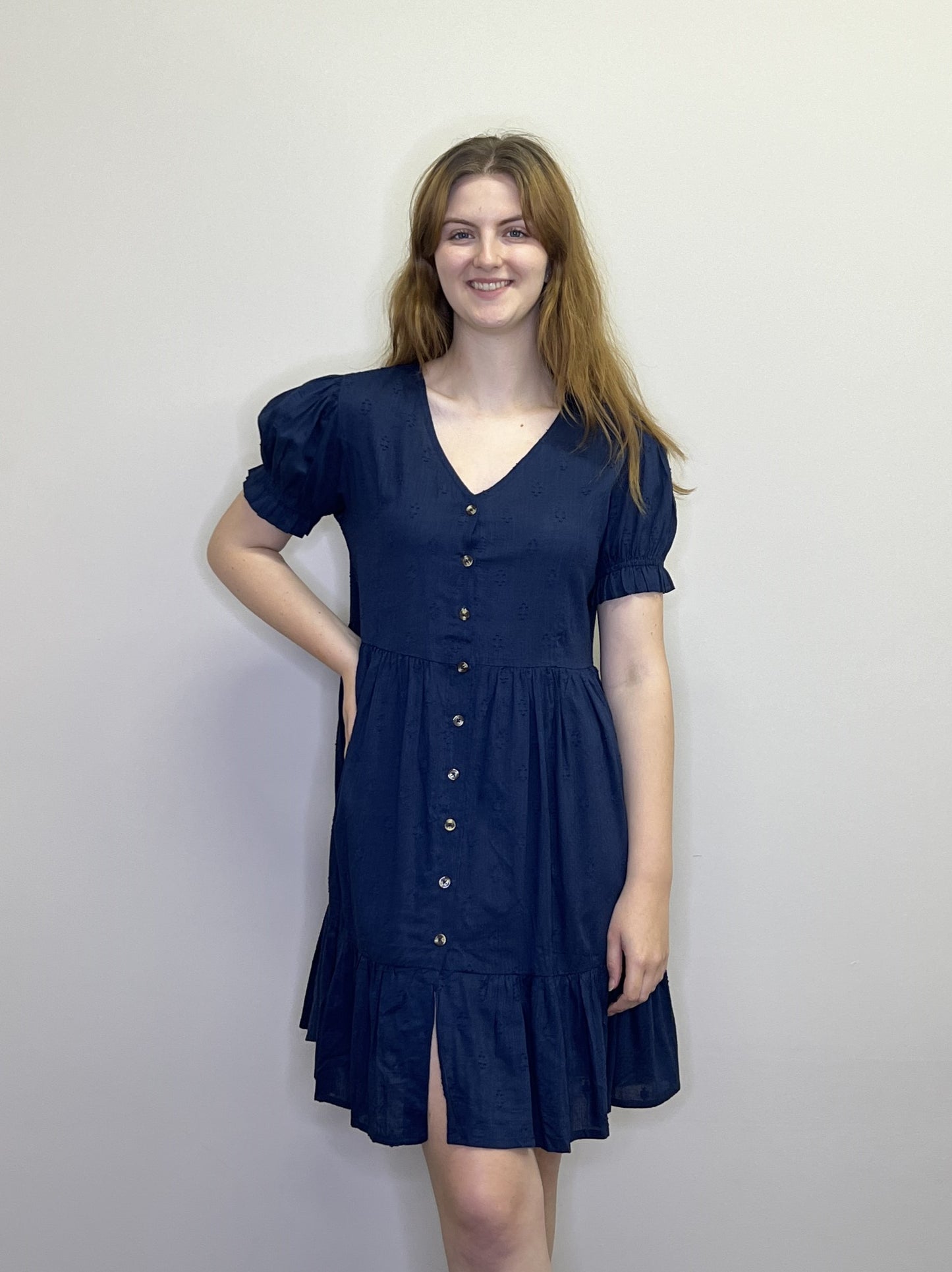 PD18553 NAVY S/S Emb Cotton Blend Button Front Dress w Pockets