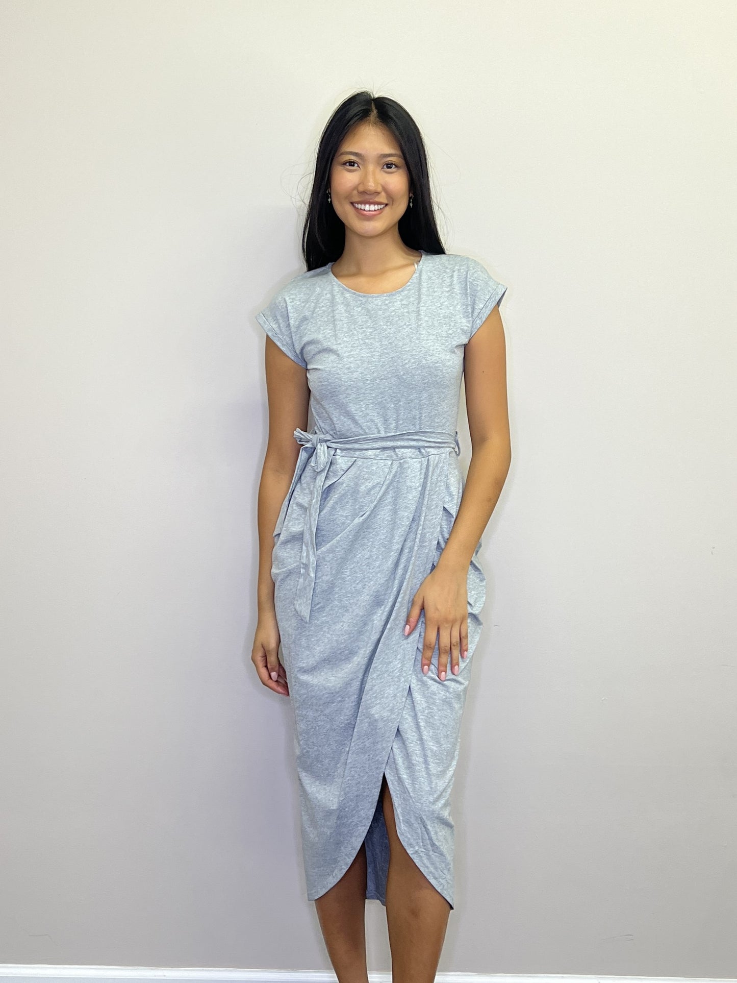 PD18555 GREY Stretch Heathered Cotton Blend S/S Tulip Hem Maxi