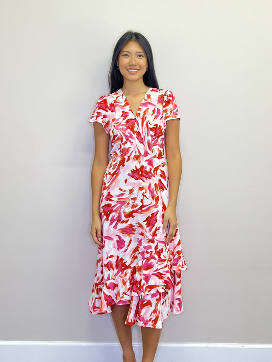 PD18566 RED S/S Brushstroke Printed Dress w Ruffle & Smocking