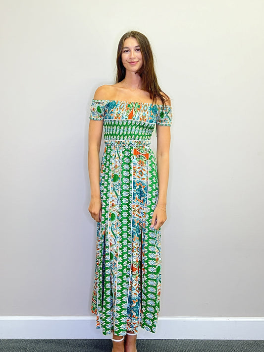 PD18567 GREEN Global Print S/S Smocked OTS Maxi w Front Slits