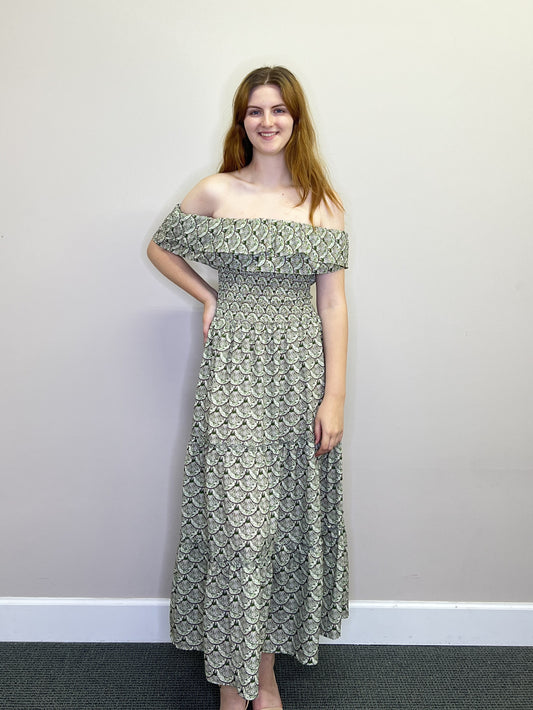 PD18568 GREEN Printed double ruffle Smocked OTS Maxi Dress