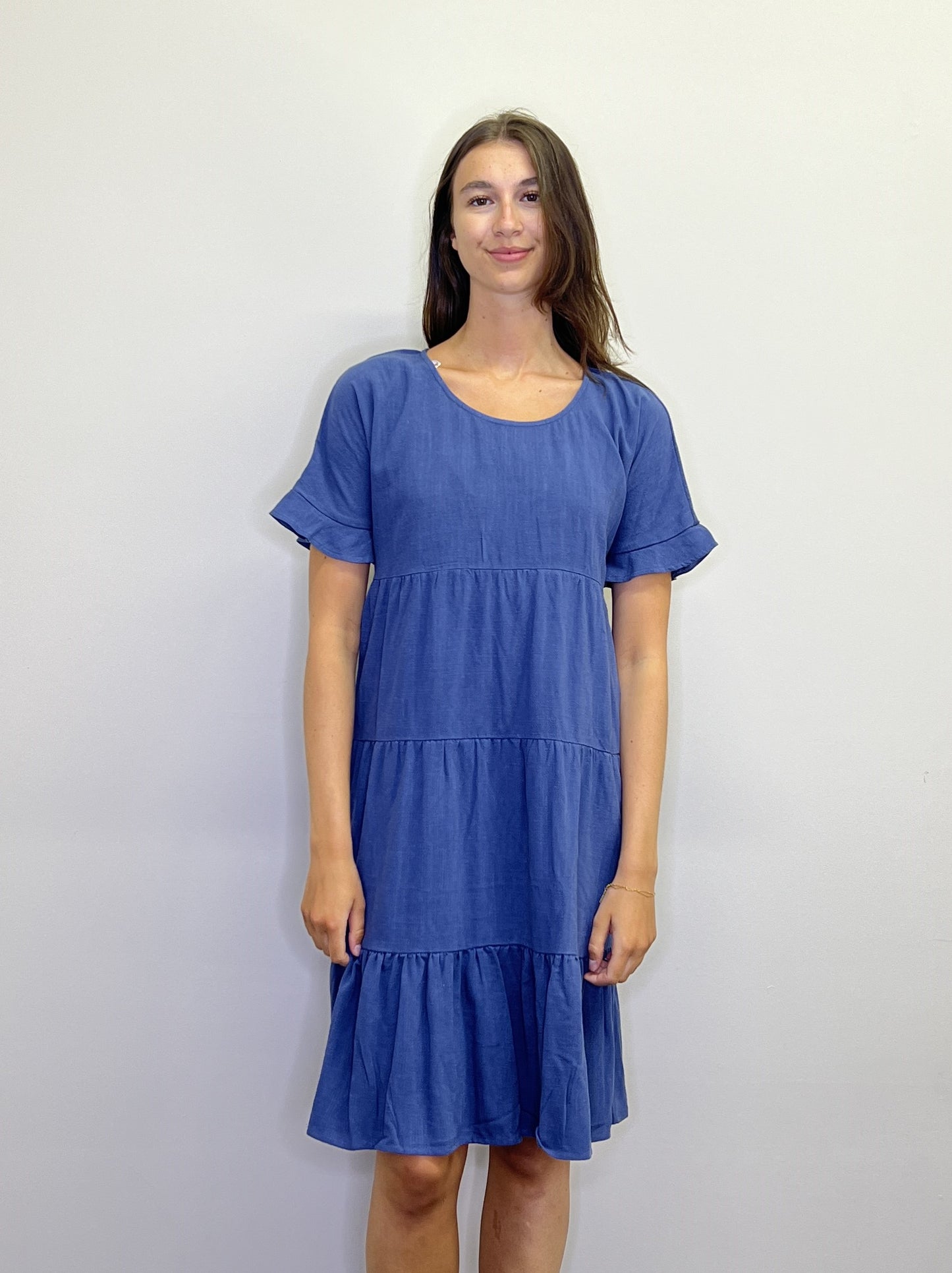 PD18570 NAVY Washed Tiered Short Sleeve Dress with Pockets