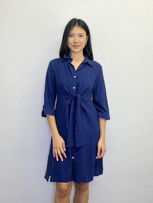 PD18571 NAVY 3/4 Sleeve Shirt Dress with Tie Front