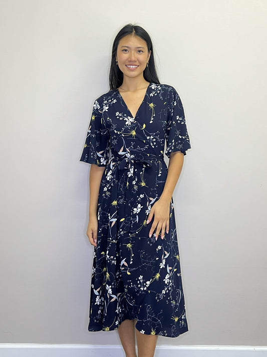 PD18577 NAVY Floral Crepe Short Sleeve Wrap Dress