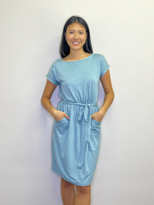 PD18590 BLUE Stretch T Shirt Style Dress with Tie Belt