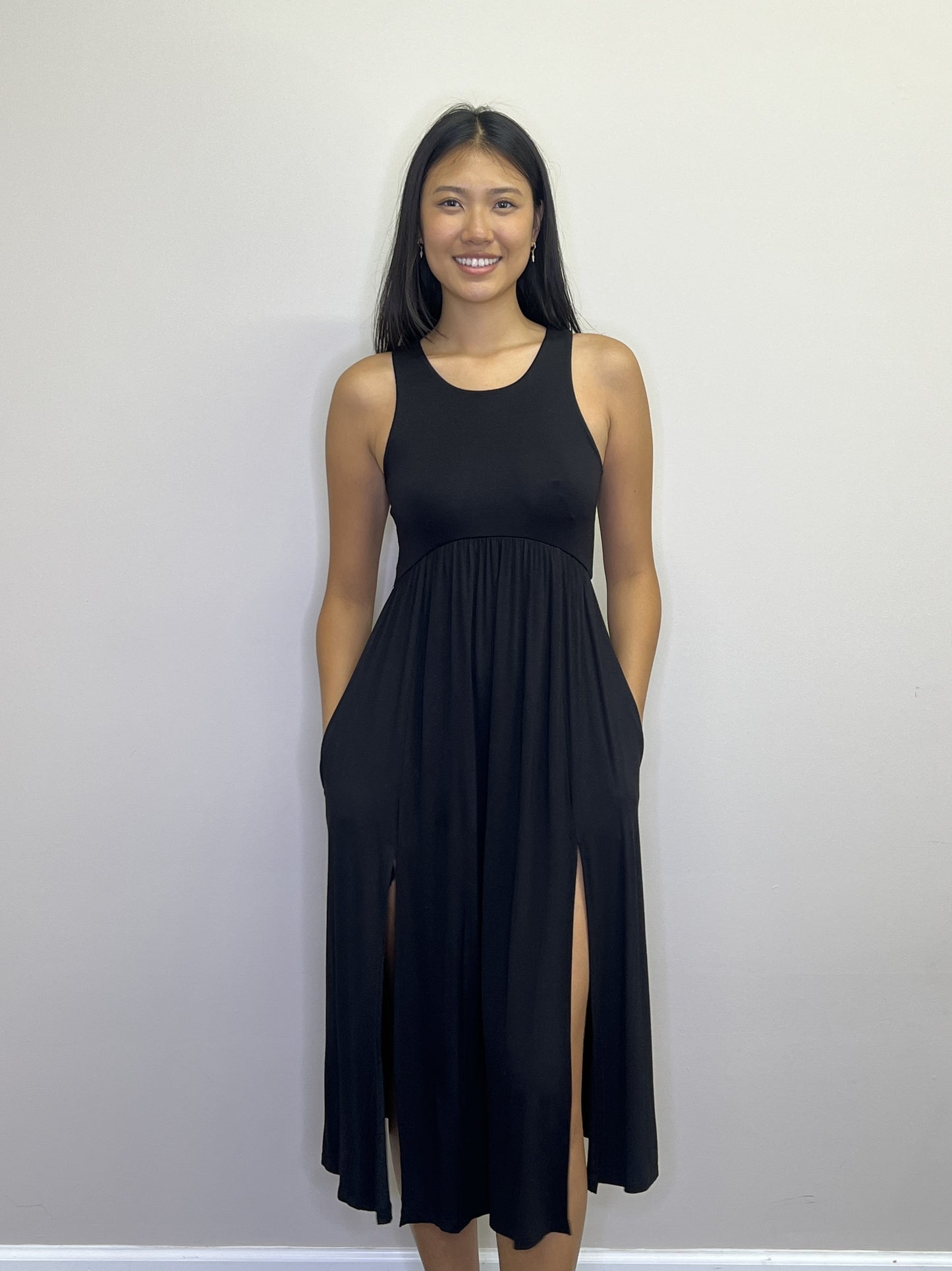 PD18599 BLACK Stretch Tank Dress with Front Split & Back Elastic