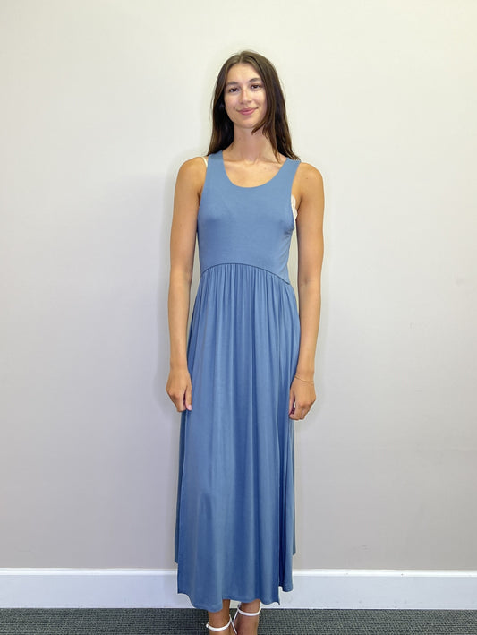 PD18599 SLATE Stretch Tank Dress with Front Split & Back Elastic