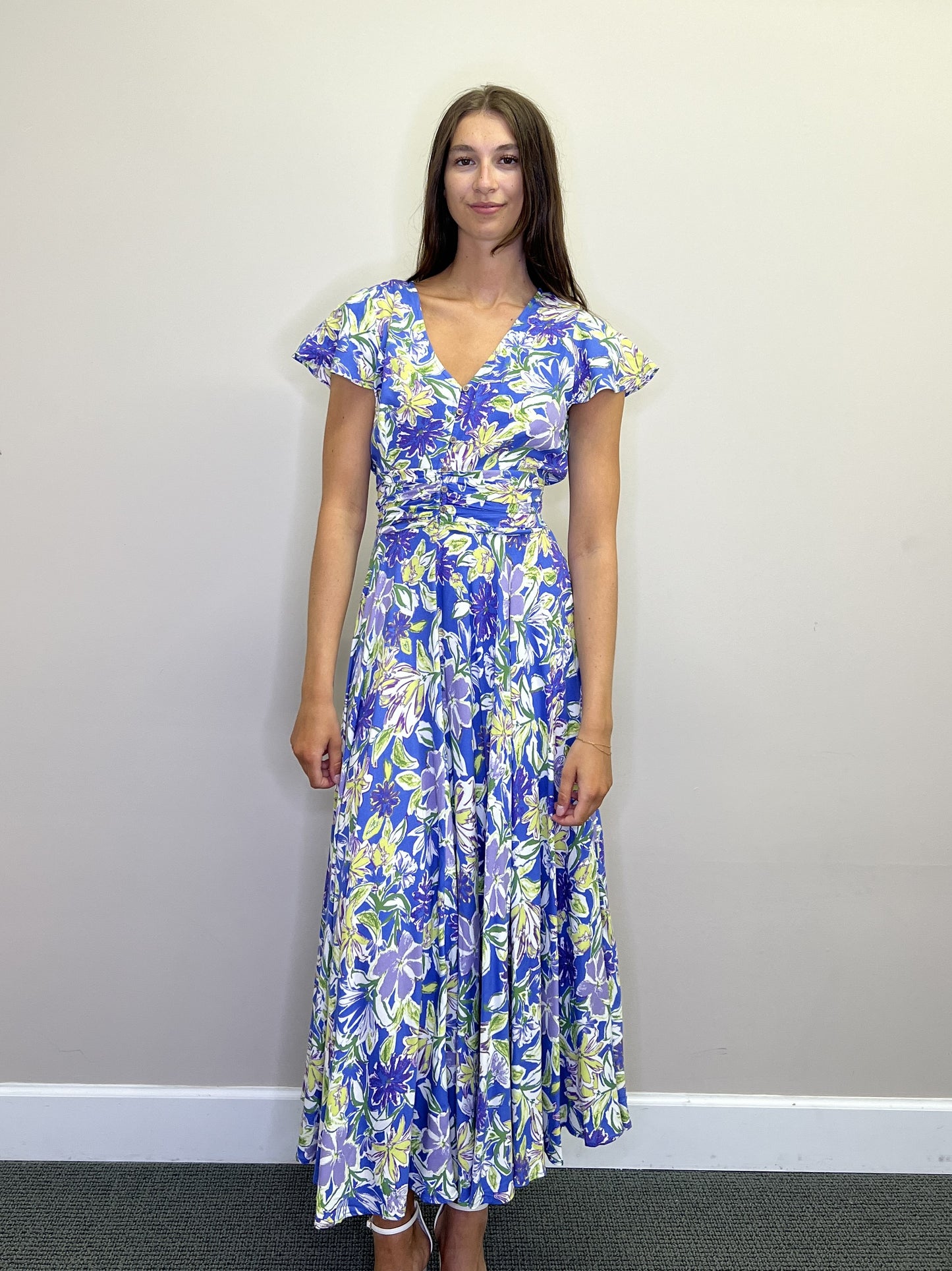 PD18613 LILAC Floral S/S Maxi w Pleated Waist and Pockets