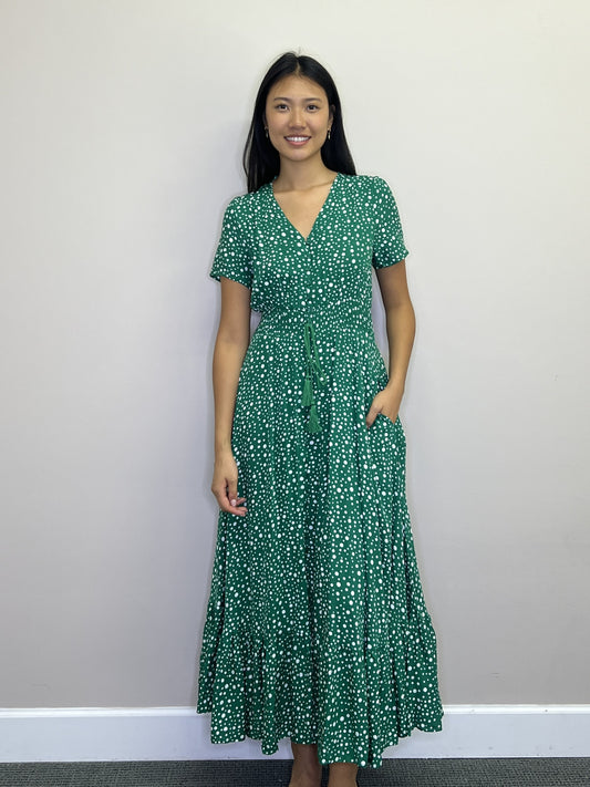 PD18616 GREEN Polka Dot Short Sleeve Maxi Dress