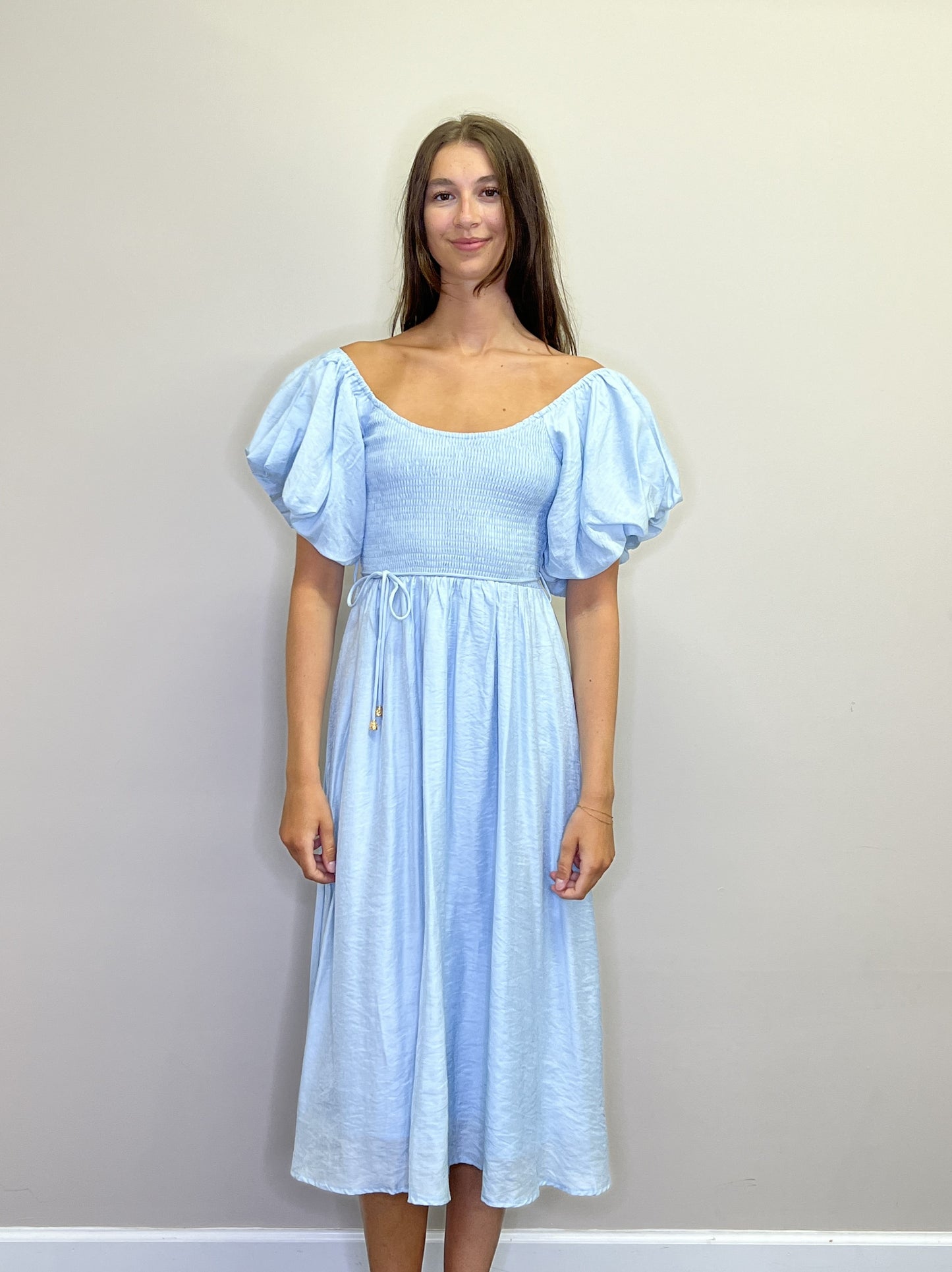 PD18617 BLUE Smocked Off the Shoulder Puff Sleeve w Tie Belt