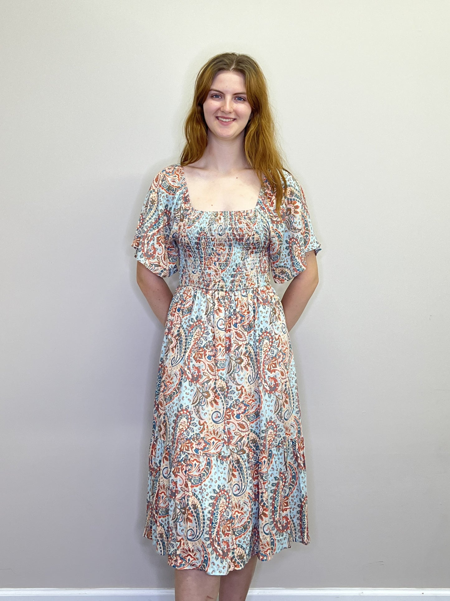 PD18618 BLUE Paisley Smocked Off the Shoulder Pyff Sleeve Dress