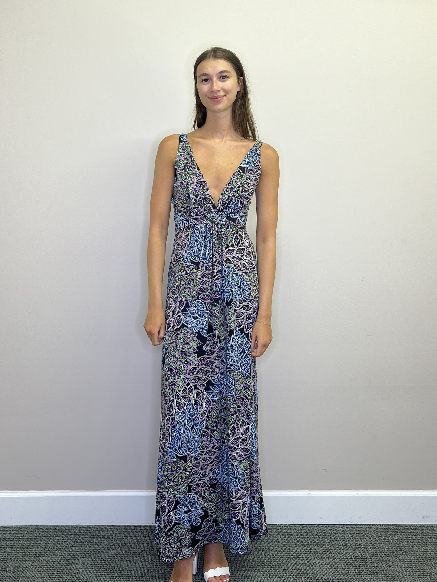 PD18620 PURPL Peacock Printed Stretch Grecian Maxi Dress