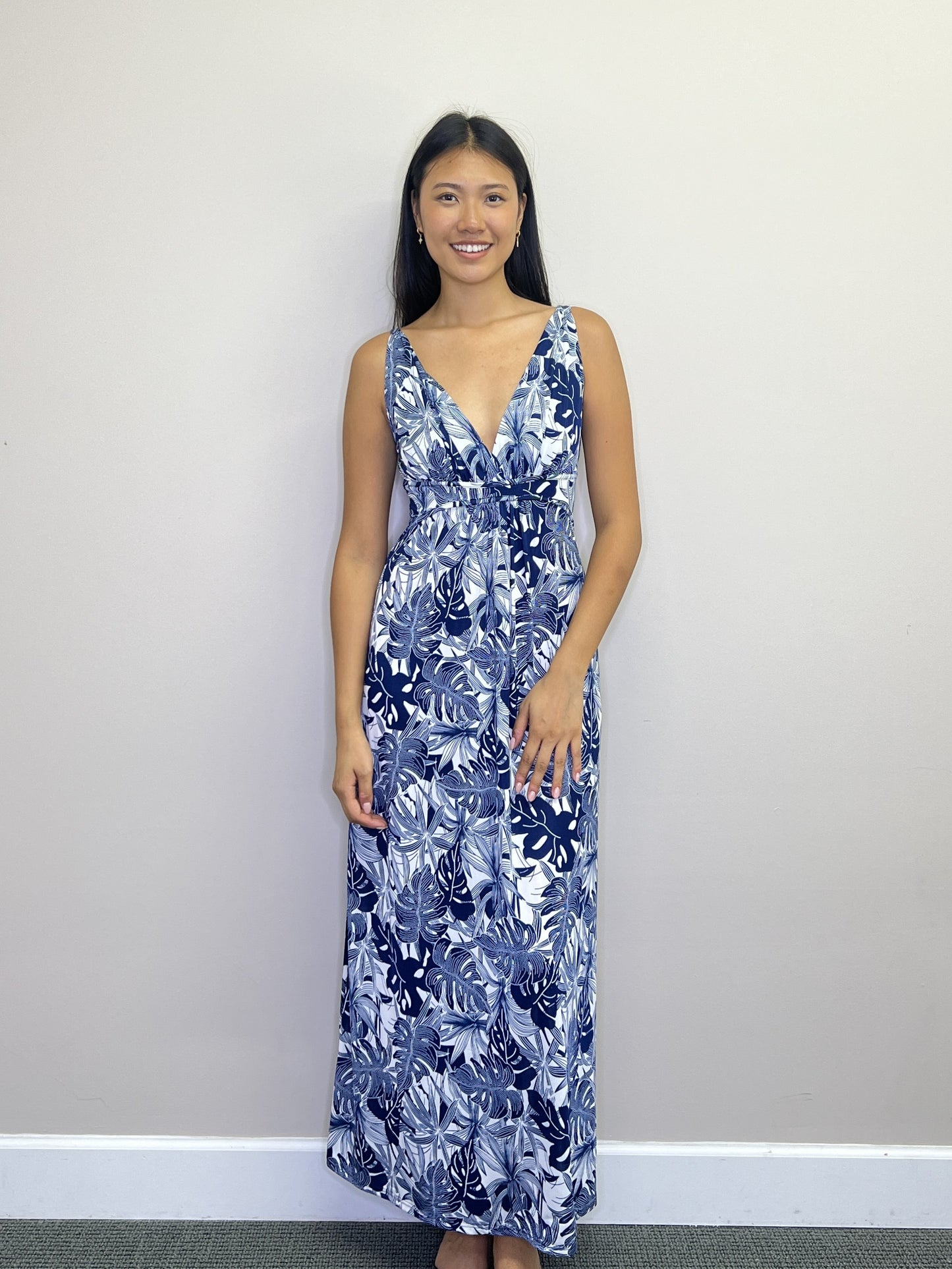 PD18631 NAVY Tropical Printed Stretch Grecian Maxi Dress